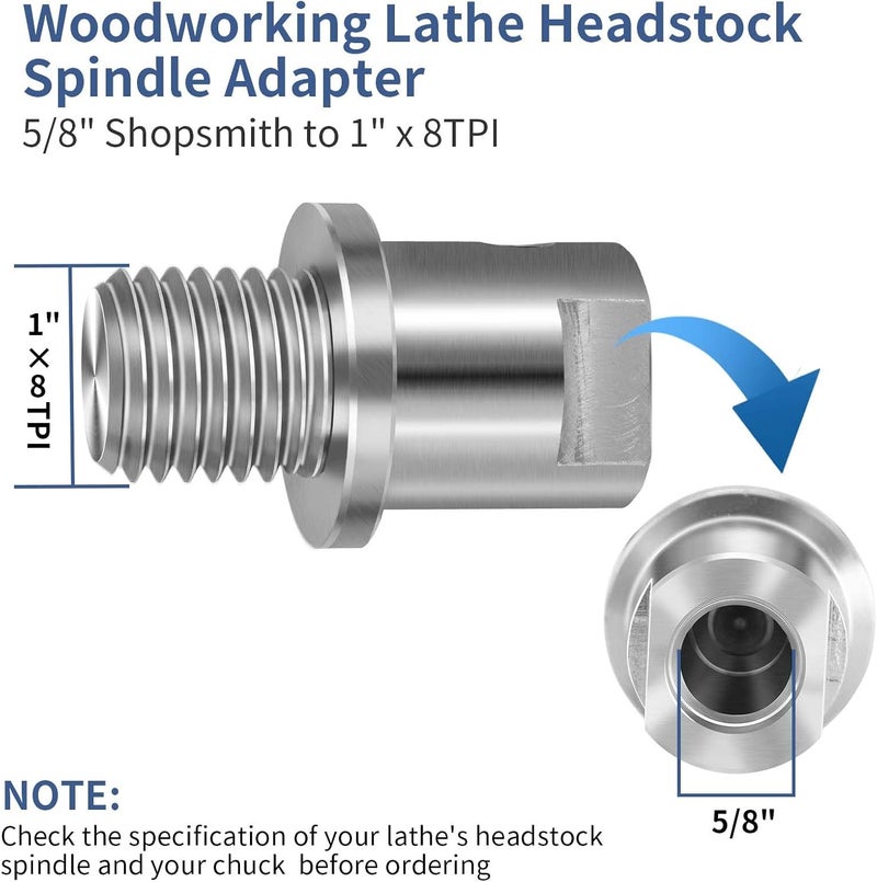 PNBOO Woodworking Lathe Headstock Spindle Adapter Shopsmith 5/8" to 1" x 8tpi - Image 2
